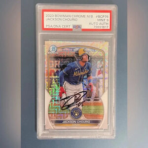 Jackson Chourio IN PERSON Autographed Rookie Card Mojo Refractor PSA 9 Brewers